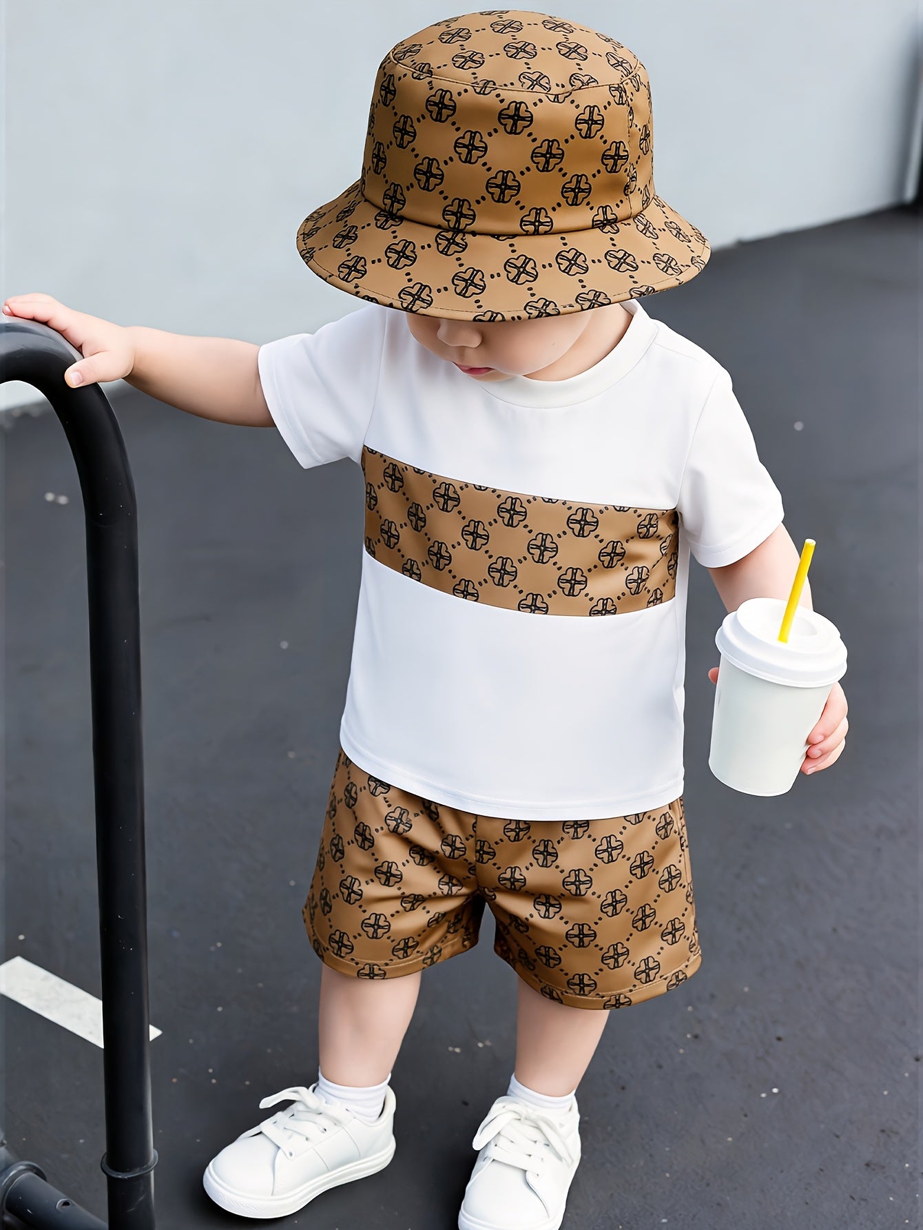 Baby Toddler Patchwork T-Shirt Shorts Set with Hat for Summer