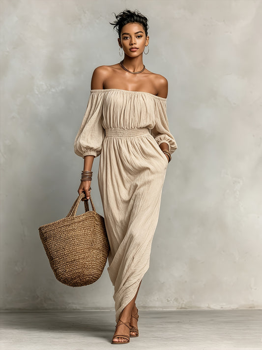Elegant Off-Shoulder Apricot Maxi Dress with Puff Sleeves