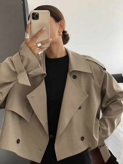 Women's Spring/Autumn Solid Color Simple Loose Casual Short Long Sleeve Trench Coat