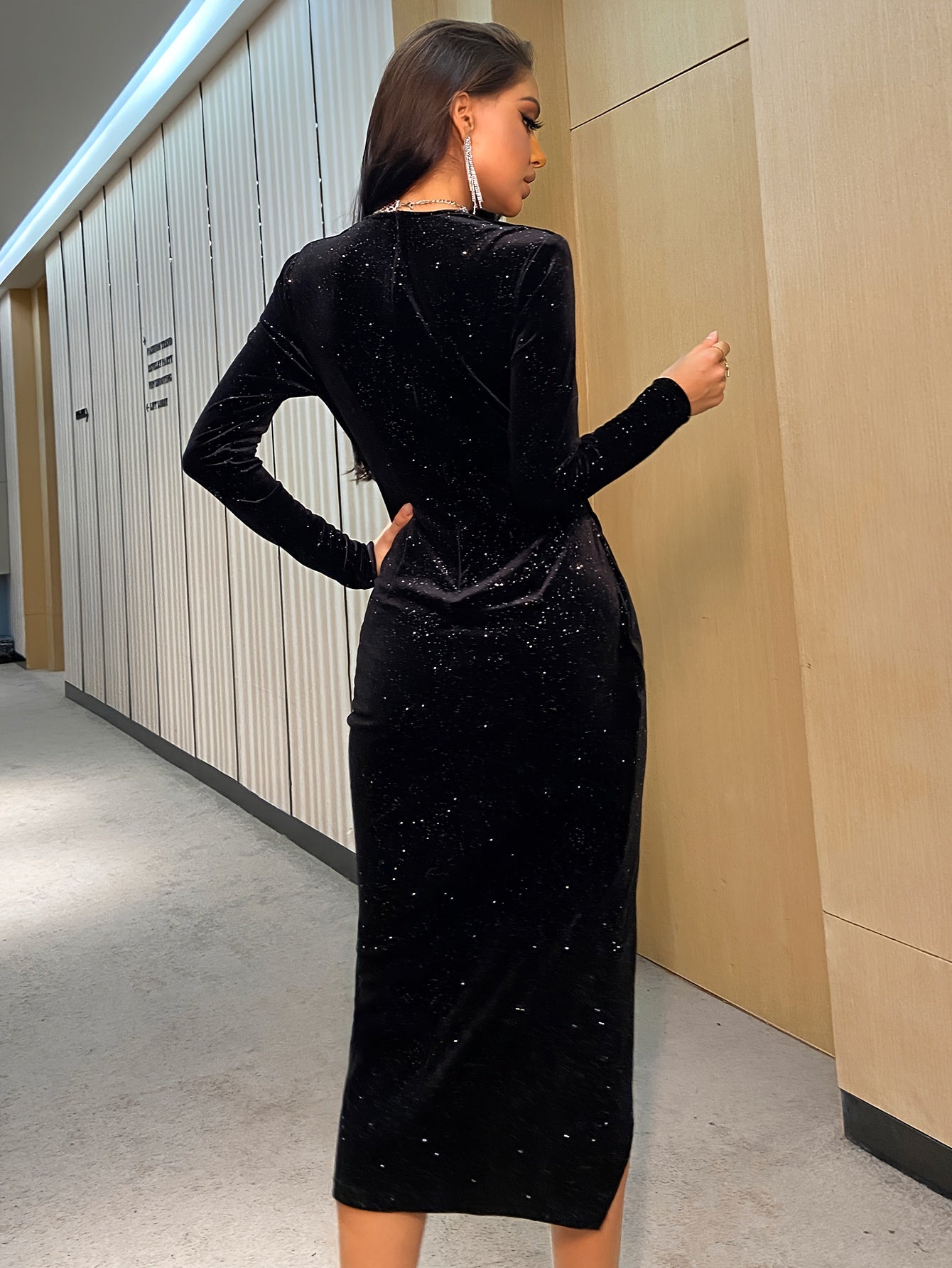 Autumn Dress, Winter Clothing, Christmas and Halloween Elegant Wedding Gown with Silvery-Embellished Deep V-Neck and High Slit Bodycon Evening Dress for Women