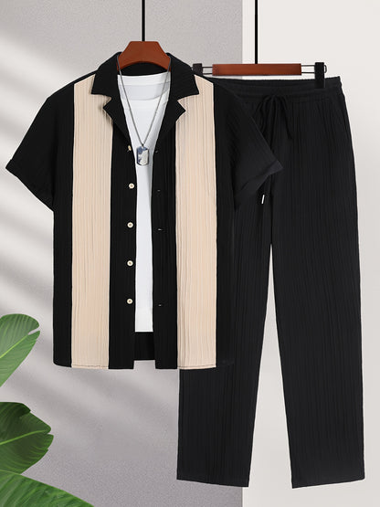 Men'S Color Block French Stripe Short Sleeve Shirt and Pants Set - Casual Button-Up Blazer with White Stripes, Dark Green Pants, Regular Fit for Casual Attire, Versatile Menswear | French Stripe Design | Nonstretch Fabric