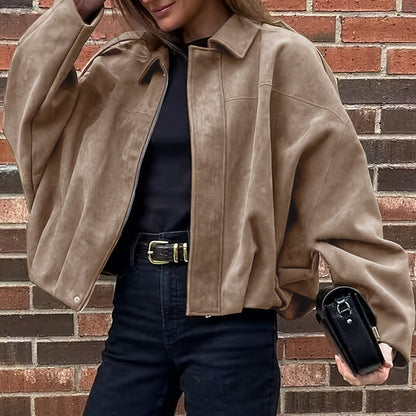 Women'S Vintage Bomber Jacket - Loose Fit Long Sleeve Zip-Up with Drop Shoulder Design, Brown Casual Outerwear for Fall/Winter, Non-Stretch Fabric, Perfect for Casual Attire, Autumn Winter Jacket | Vintage Bomber Style | Zipp