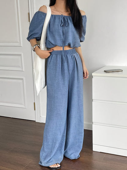 Women's Summer Solid Color Off-Shoulder Puff Sleeve Crop Top and Loose Wide-Leg Pants Two-Piece Set