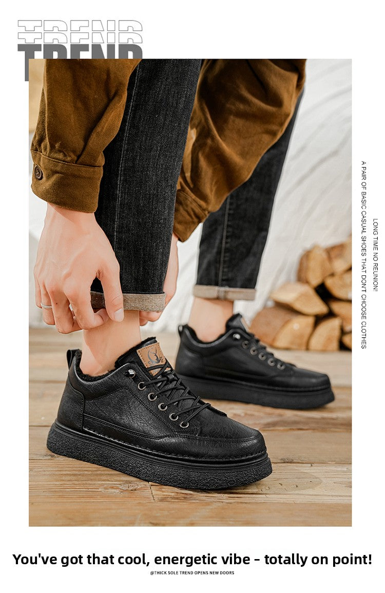 Men's Winter Warm PU -Like Hiking Sneakers with Plush -Like, EVA Cushioned Sole & Rubber Traction Tread - Low-Top Lace-Up Outdoor Shoes for Ice, Snow, Casual Wear (Black/Brown) - Cold Weather