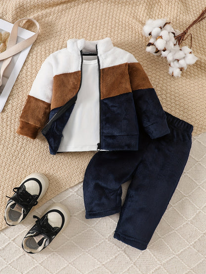 Girls' Fall Winter Plush Patchwork Jacket, T-Shirt & Pants Set
