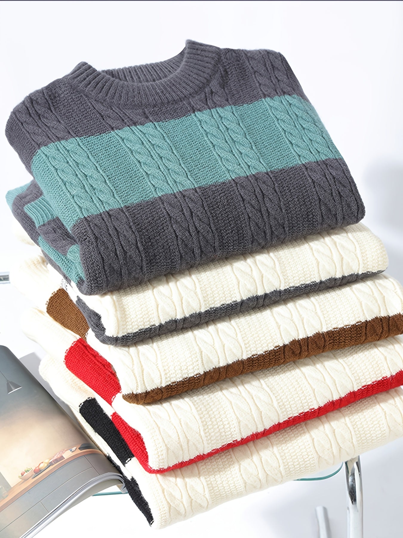 Striped Color-Block Knit Sweater for Men | Loose Fit, Crew Neck, Rib-Knit, Ideal for Spring/Fall Season, Street Style, Perfect for Male Teenagers