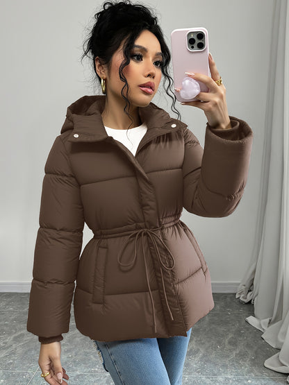 Women'S Elegant Black Puffer Jacket - Mid-Length Loose Fit with Adjustable Drawstring Waist, Long Sleeves, and Front Zipper, Casual Winter Outerwear for Cold Weather, Winter Jacket