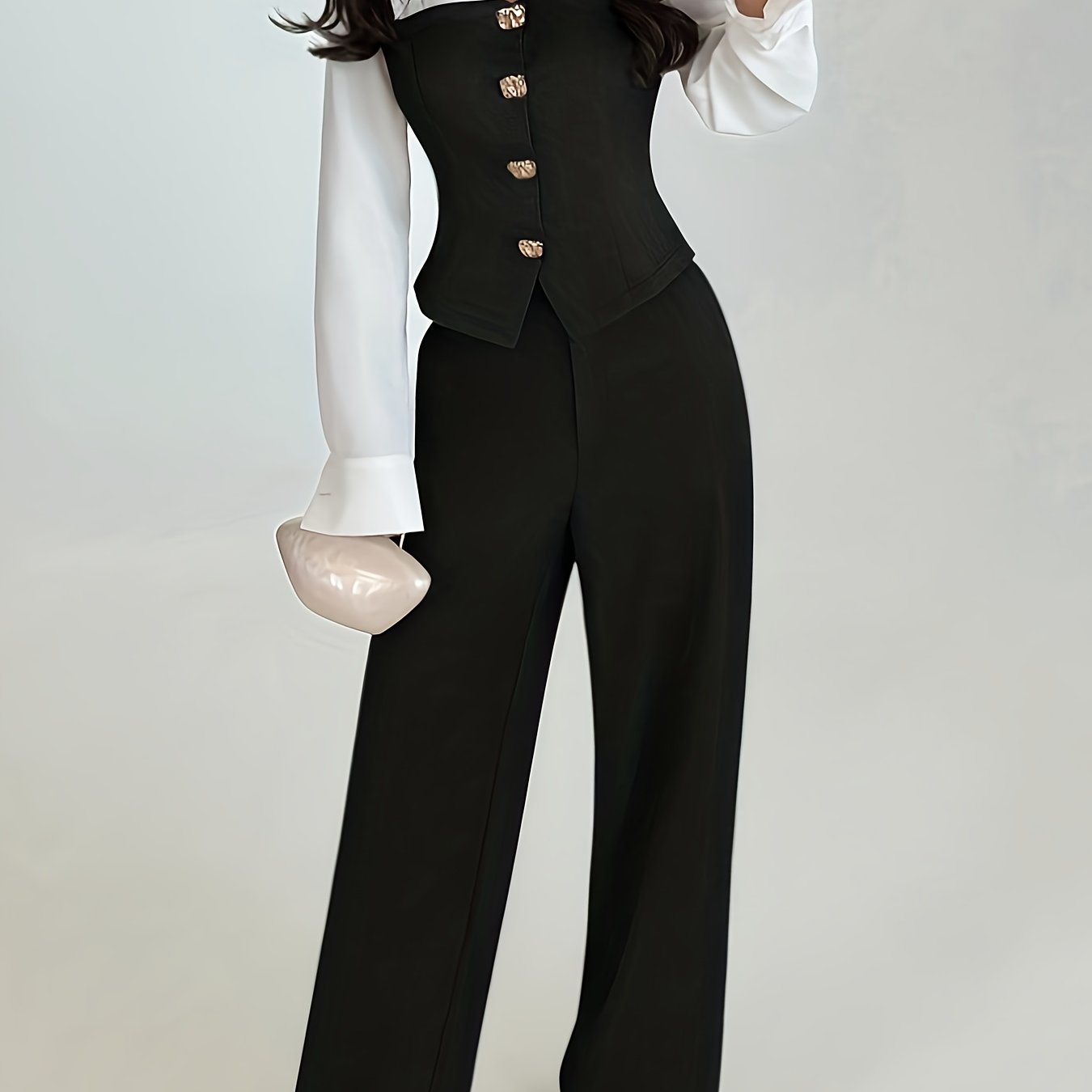 A Casual And Elegant Two-Piece Set, Featuring a Patchwork Shirt And Loose Straight-Leg Pants. Autumn Women'S Wear, Suitable for Commuting, Teaching, Back-To, Old Money Style, And Women'S Casual Office Attire