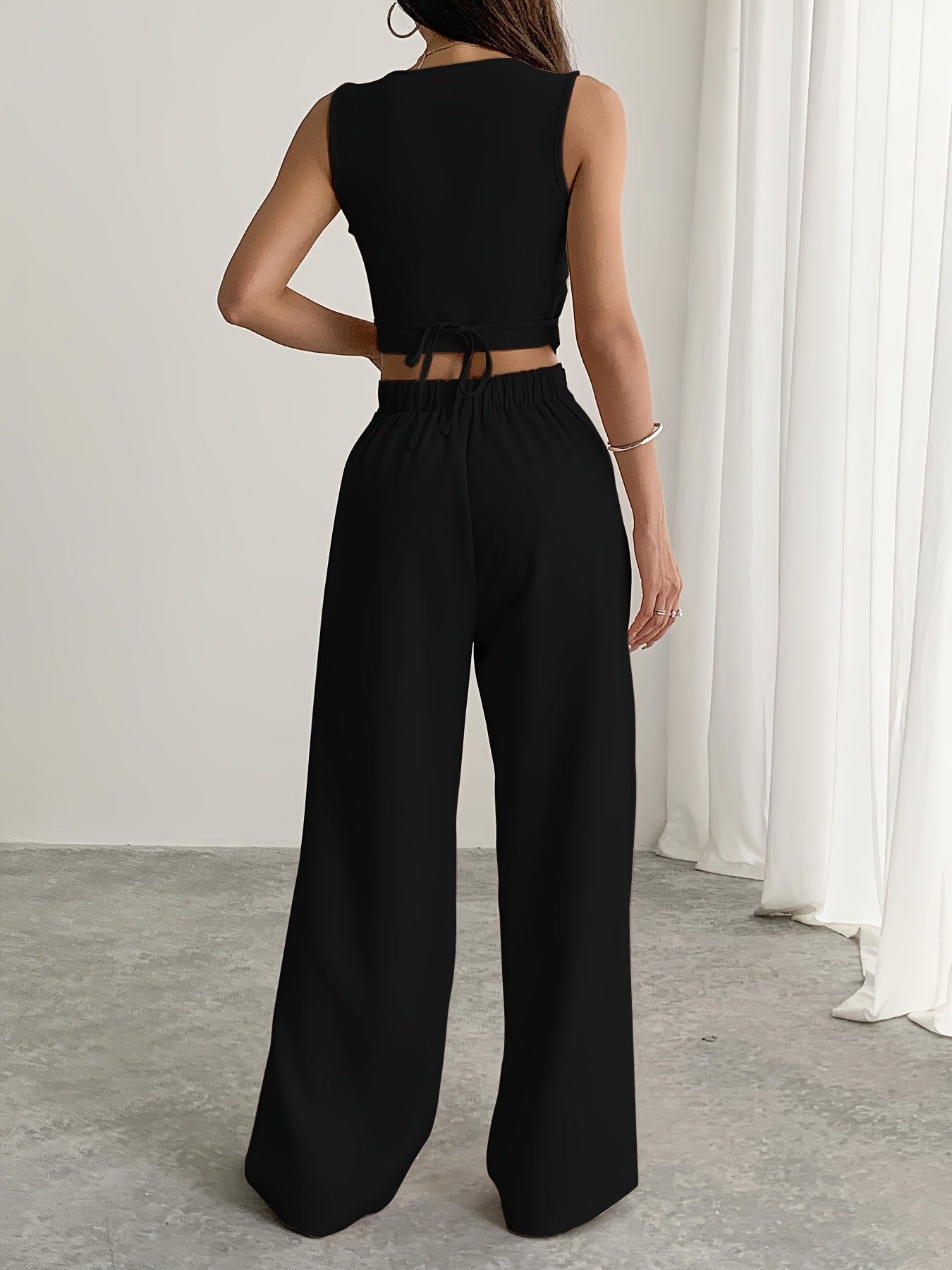Two-Piece Women's Square Neck Sleeveless Button-Up Blouse and Loose Wide-Leg Pants Set