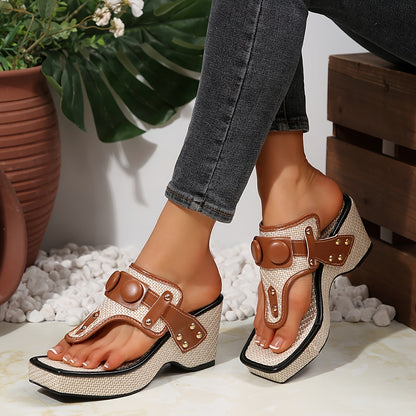 Women's Thick Platform Wedge Sandals with Metallic Studs - Slip-On Square Toe Breathable Fabric Upper  Cushioned Rubber Sole for Casual Comfort, Comfortable Footwear, Chic Shoe Design, Durable Traction Footwear