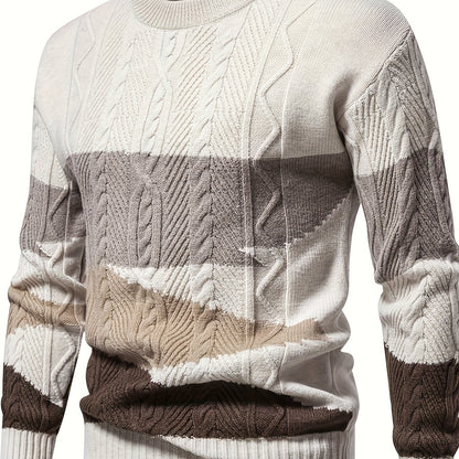 Men's Stylish Solid Knitted Pullover, Casual Mid Stretch Breathable Long Sleeve Crew Neck Top For City Walk Street Hanging Outdoor Activities