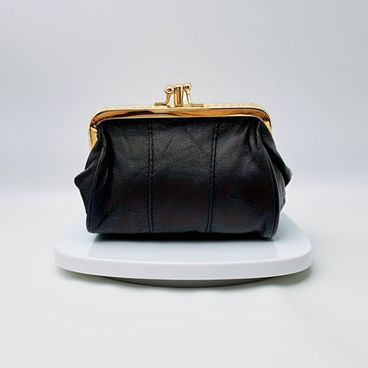 Vintage-Style Genuine Leather Clutch with Golden Metal Frame – Black Mini Wallet for Women, Compact Coin Purse & Key Holder, Elegant Textured Design