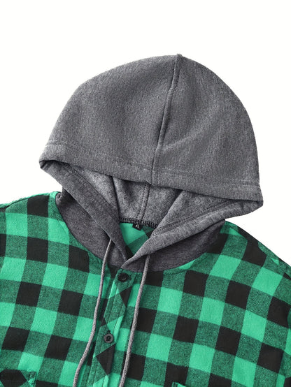 Plaid Shirt Coat For Men Long Sleeve Casual Regular Fit Button Up Hooded Shirts Jacket