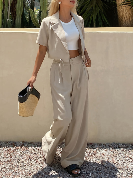 Trendy Live-stream Women's Solid Color Lapel Short Top and Wide-leg Pants Set, Casual Loose Business Attire, New Spring/summer Casual Women's Two-piece Set. Category: Women's Pants Set