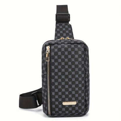 Men'S Classic Black PU Crossbody Bag with Geometric Pattern, Key Holder, Zipper Closure, Polyester Lining, Urban Style, Commuter Bag Geometric Pattern Bag Zippered Closure Bag