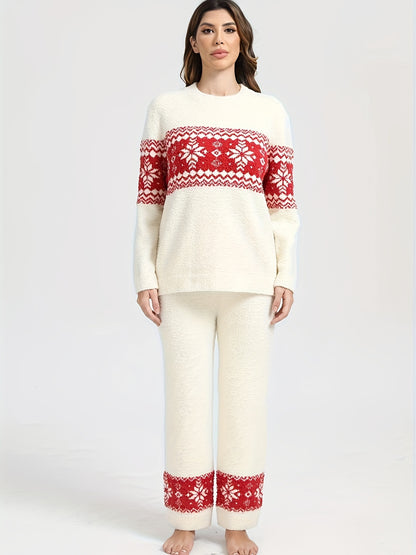Women's Autumn/Winter Home Wear Soft Warm Fashion Christmas Snowflake Long Sleeve Pants 2pcs Set