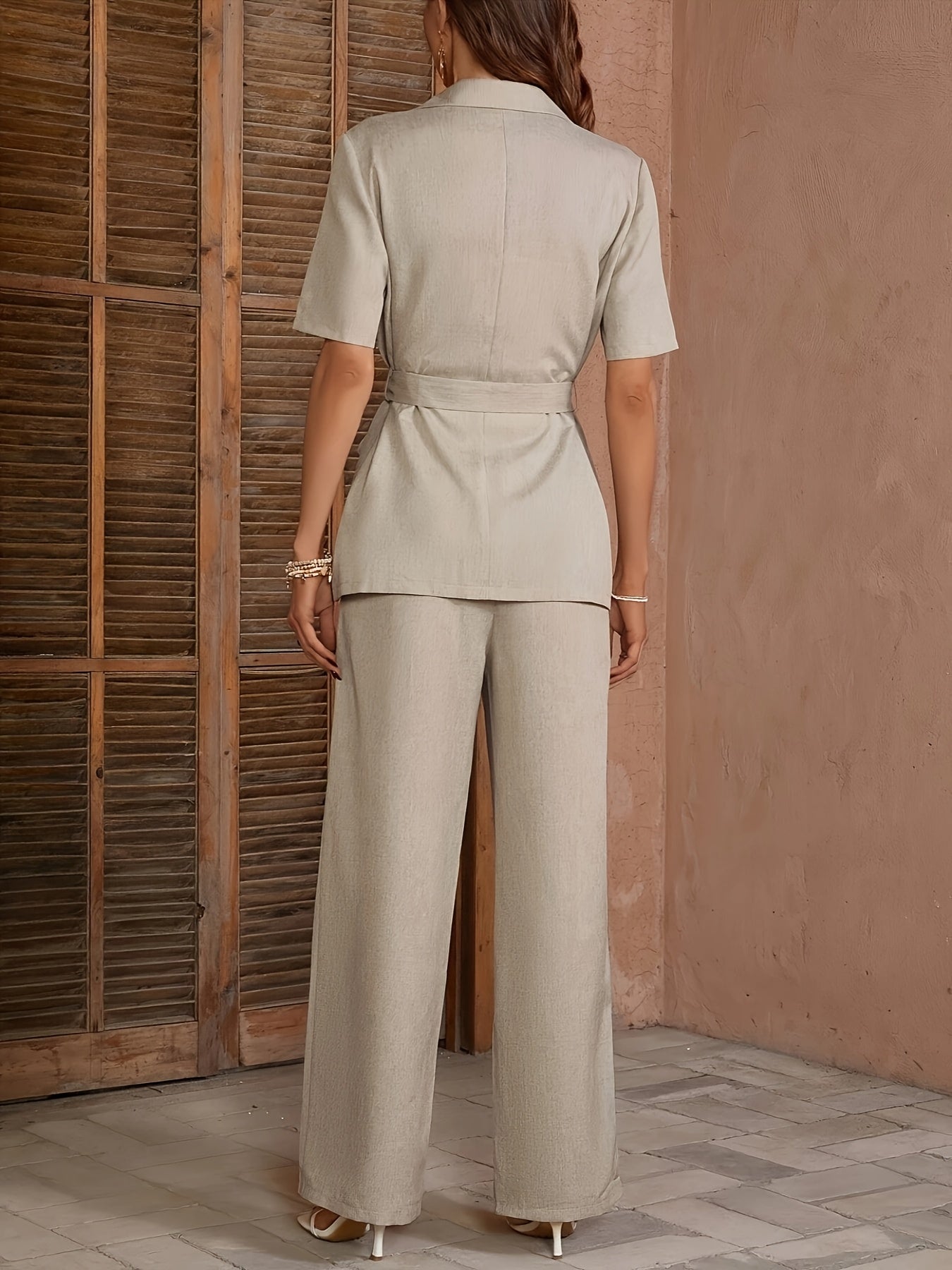 Women'S Elegant Short Sleeve Open Front Blazer with Belt - Beige, Two-Piece Set, Polyester, Spring/Summer, Casual Attire, Casual Attire|Sleek Blazer|Polyester Fabric