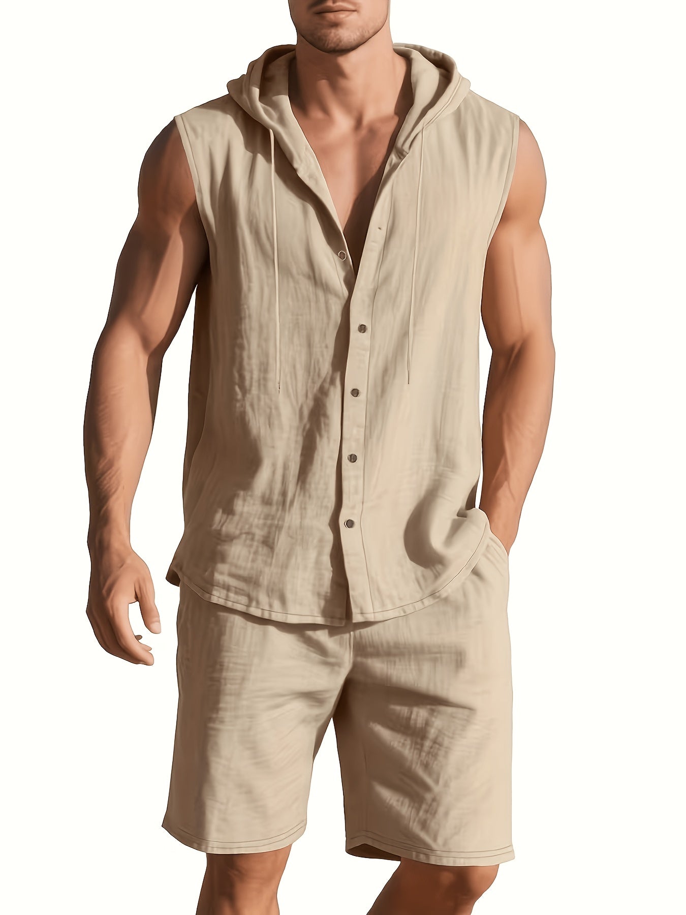 Men's Summer Linen Hooded Sleeveless Shirt & Shorts Set