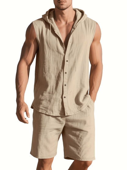 Men's Summer Linen Hooded Sleeveless Shirt & Shorts Set