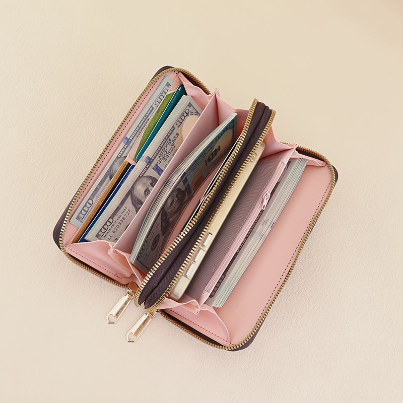 Women'S Elegant Patchwork Wallet & Wristlet Clutch - Large Capacity Double-Zip Coin Purse with Golden-Tone M-Logo, Golden-Tone Hardware & Wrist Strap