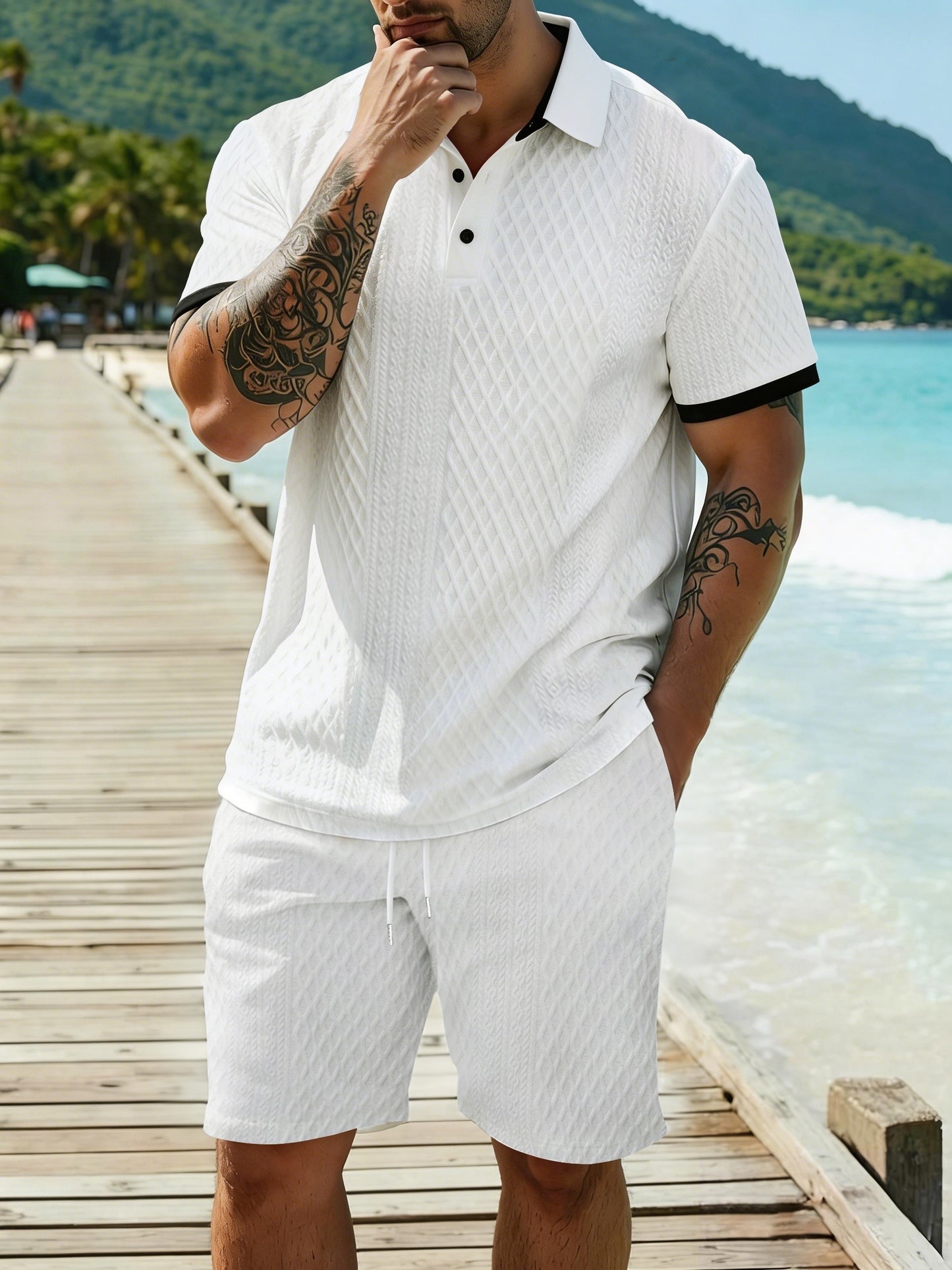 Men's Summer Casual Polo Shirt & Shorts Set with Geometric Print