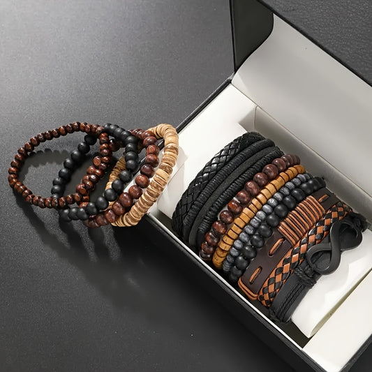 13pcs Vintage Woven Fashion Black Figure-8 Men's Bracelet Set, Daily Wear Gift for Casual Parties, Fashion Accessory (No Box Included) - Christmas, Halloween, New Year Gift