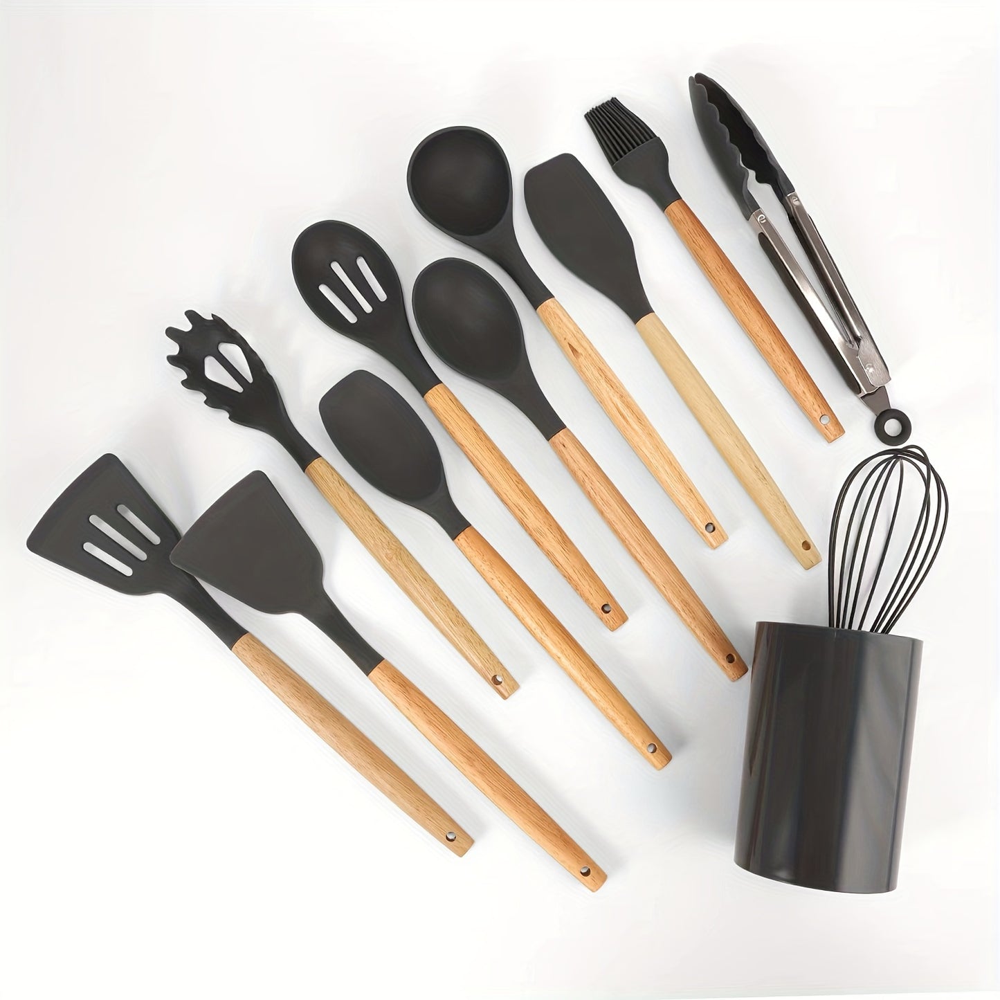 12pcs, wooden handle silicone kitchenware 12 sets, high temperature silicone spatula, spoon, cream spatula, slotted spoon, spaghetti grab, thick spoon, non-stick cooking spoon set, kitchen cooking tools, silicone kitchen uten
