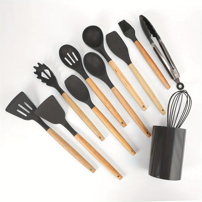 12pcs, wooden handle silicone kitchenware 12 sets, high temperature silicone spatula, spoon, cream spatula, slotted spoon, spaghetti grab, thick spoon, non-stick cooking spoon set, kitchen cooking tools, silicone kitchen uten