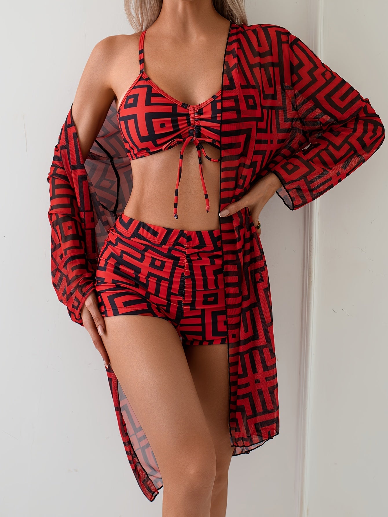 High-Waisted Long-Sleeve 3-Piece Swimwear Set for Women