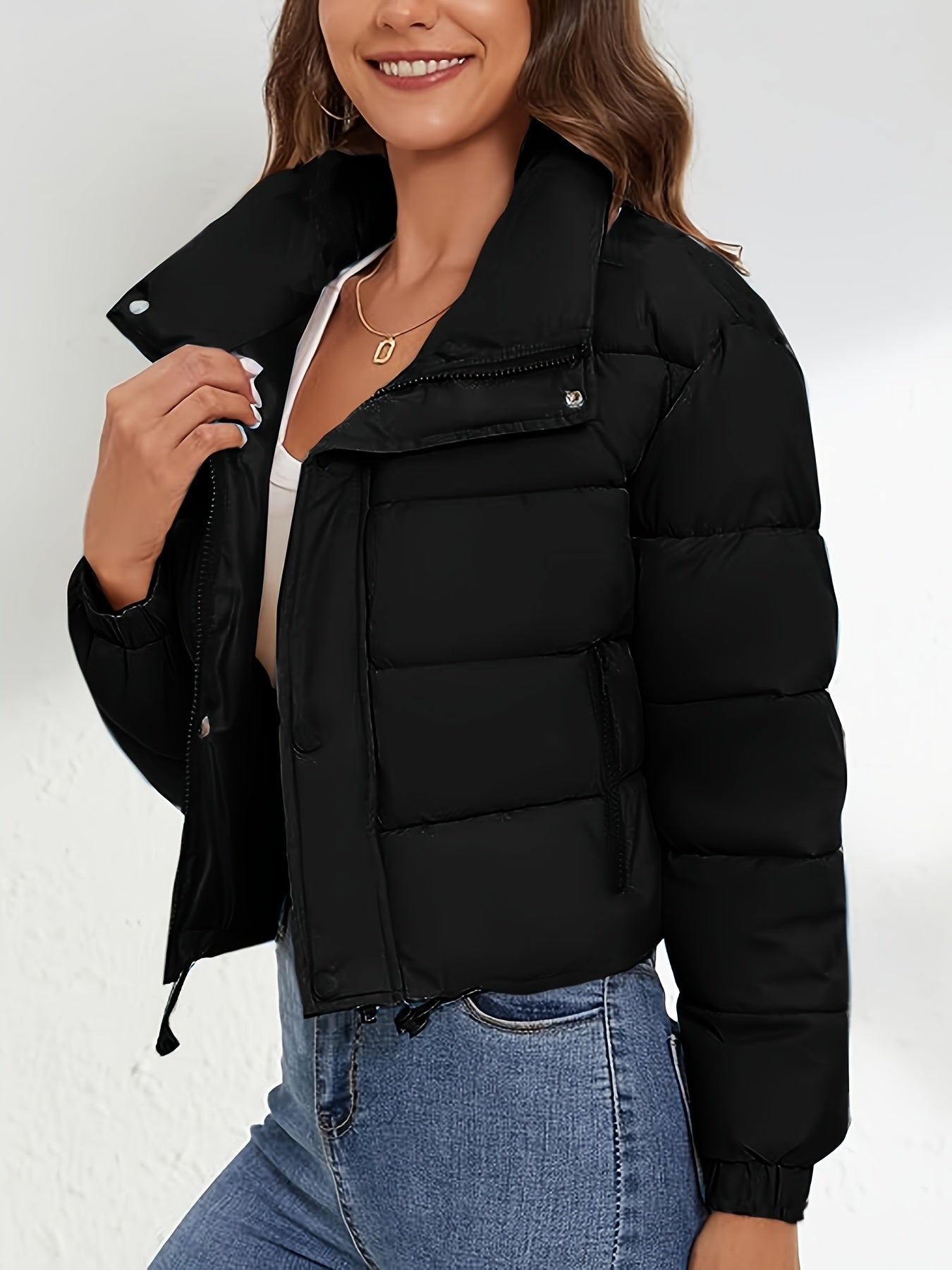 Women'S Lightweight Winter Jacket - Elegant Black Quilted Coat with Stand Collar, Long Sleeves, and Button Front, Perfect for Cold Weather, Stylish Outerwear, Sleek Fabric Design