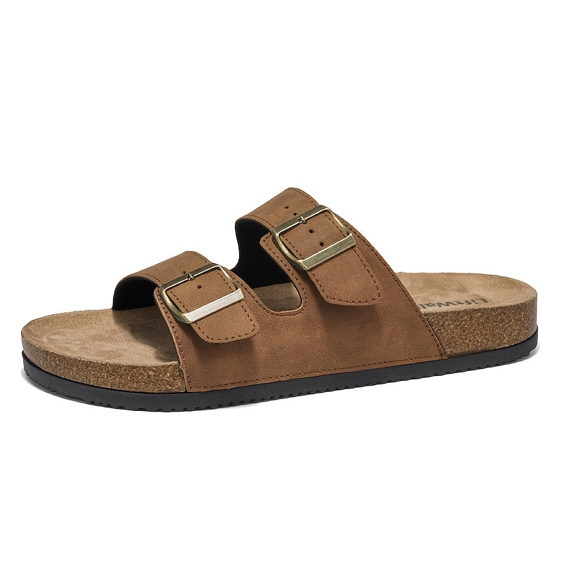 Men's Casual Outdoor Slip-On Sandals with Cork Sole and Double Buckles