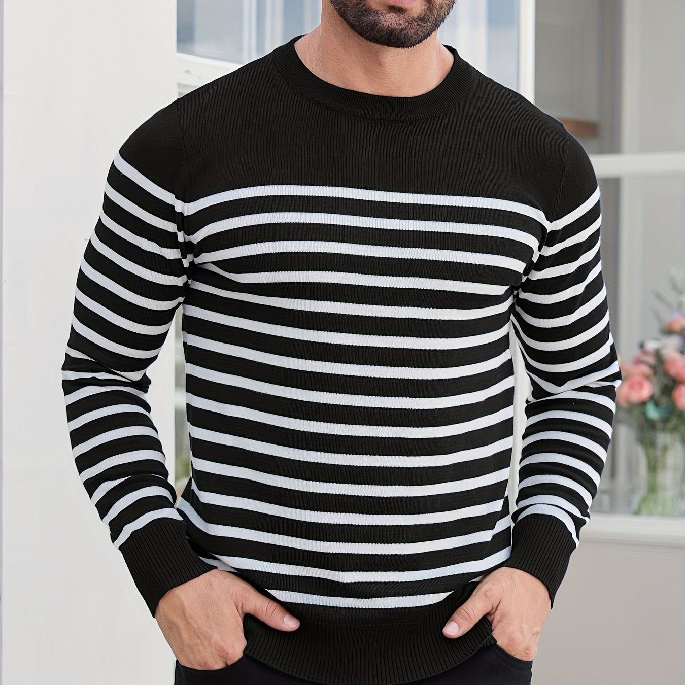 Spring And Autumn Casual Two-Color Striped Men'S Sweater Pullover Color-Block Round Neck Men'S Knitted Shirt
