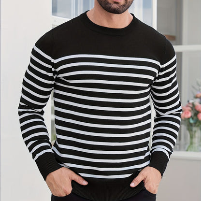 Spring And Autumn Casual Two-Color Striped Men'S Sweater Pullover Color-Block Round Neck Men'S Knitted Shirt