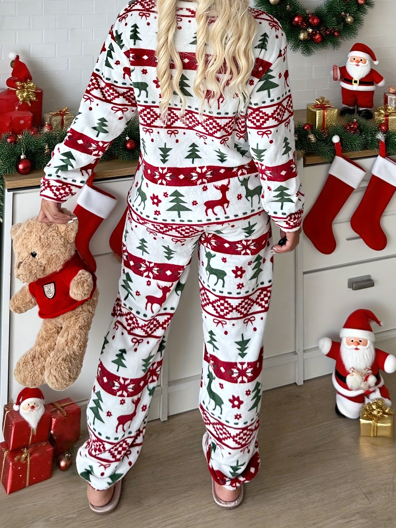 Women'S Christmas Pattern Pajama Set | Comfortable Long-Sleeve Home Wear for Fall/Winter, Crew Neck