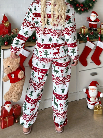 Women'S Christmas Pattern Pajama Set | Comfortable Long-Sleeve Home Wear for Fall/Winter, Crew Neck