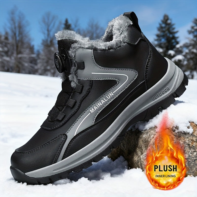 MAINALUN Men's Heavy-Duty Winter Snow Boots with Rotating Buckle Closure, PU Upper & PVC Sole - Thick Plush Lining, Warm Short Ankle Boots for Ice, Snow, Slush, Work, Outdoor (Adjustable Strap, Fit)