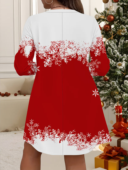 Plus Size - Plus Size - Plus Size, Women'S Plus Size Christmas Dress - Red & White Snowman Print with Snowflakes, V-Neck Long Sleeve Party & Everyday Winter Outfit - Flattering Fit for Holiday Celebrations & Cold Weather - El
