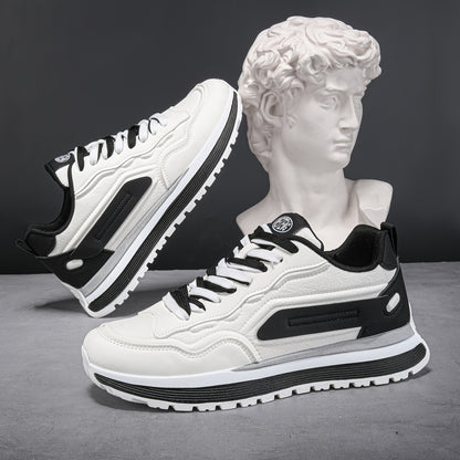 Men'S Breathable Lace-Up Sneakers - Color Block Design, Thick Sole, Casual Athletic Shoes for Casual Attire, Low-Top Style, Lace-Up Closure, PVC Sole, Fabric Inner, Round Toe, Faux Upper, Available in Black, Gray, Blue, Green