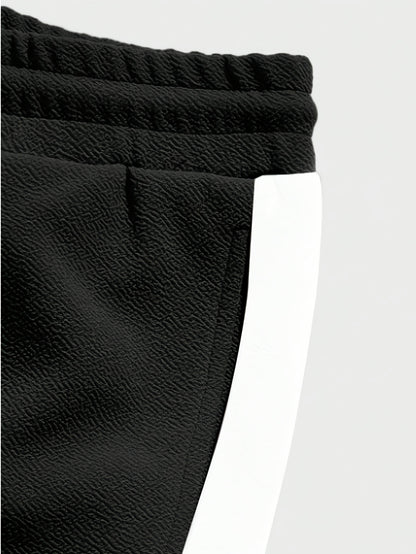 Men's Summer Casual Sportswear Set: Round Neck T-Shirt and Drawstring Pants, Fashionable Spliced Jacquard Breathable Quick-Dry Top and Bottom Outfit
