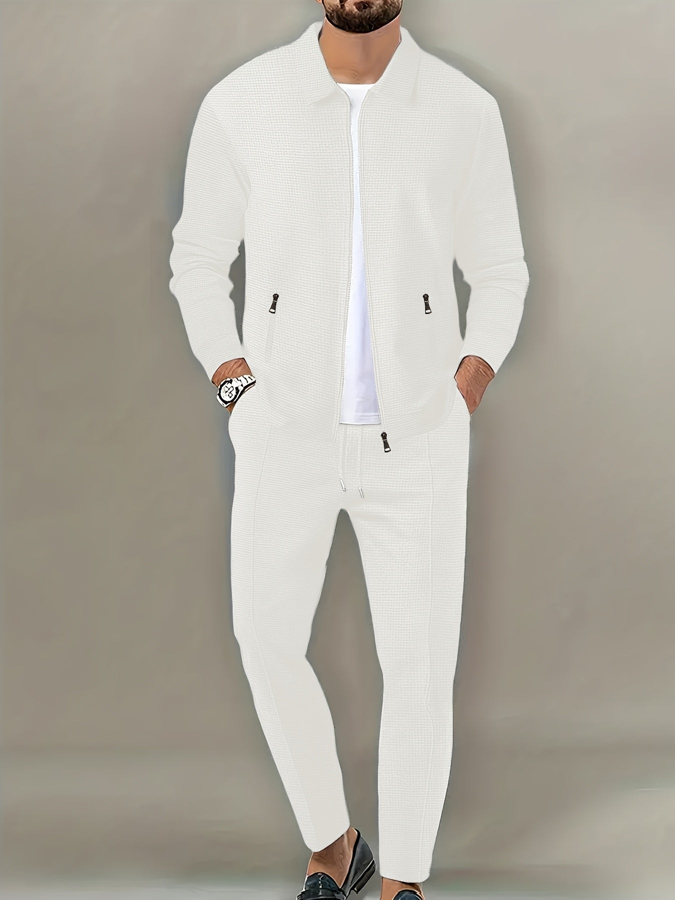 Men's Spring Waffle Knit Sportswear Set, European and American Style Casual Outfit