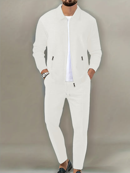 Men's Spring Waffle Knit Sportswear Set, European and American Style Casual Outfit