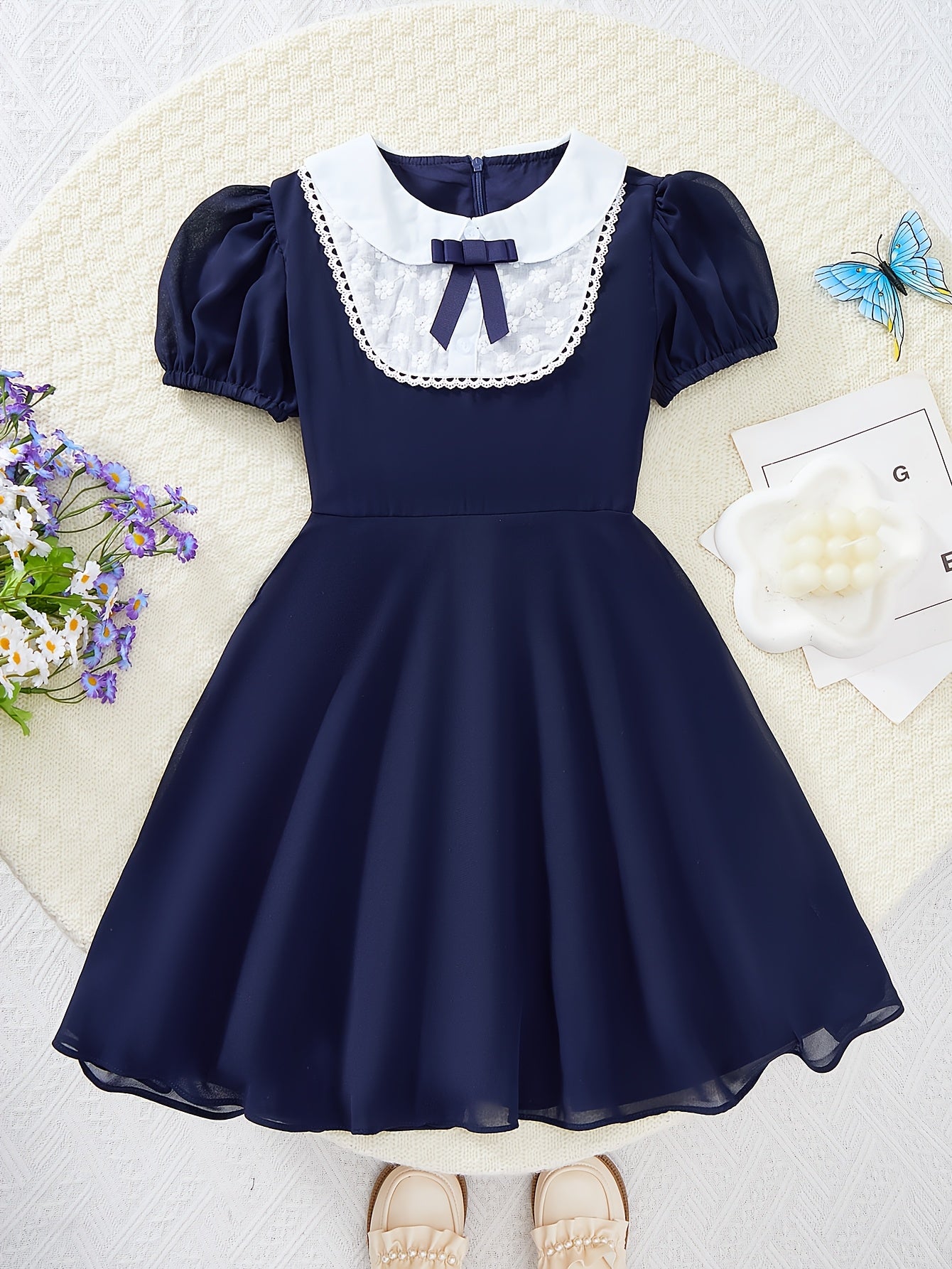 Girls' Summer Preppy Lace Chiffon Dress with Lapel Collar