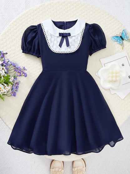 Girls' Summer Preppy Lace Chiffon Dress with Lapel Collar