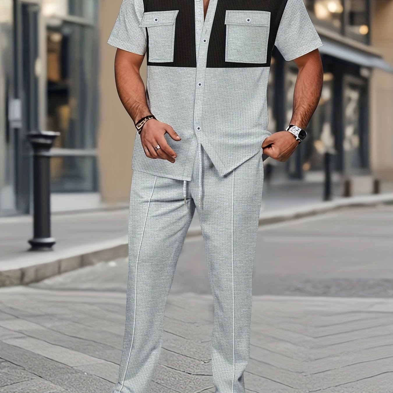 Men's Summer Two-Piece Set, Waffle Fabric Contrast Color with Pockets Short-Sleeved Shirt + Casual Trousers Suit, Leisure Light Business Vacation Daily Multiple Scenes