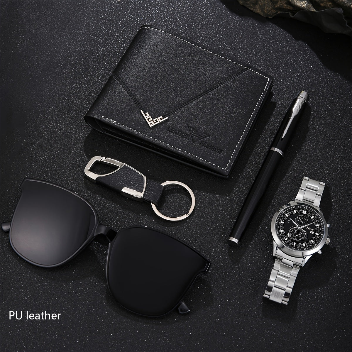 A Set of 5 Stylish And Luxurious Men'S Business Casual Watches, Along with Elegant Glasses, a Wallet, And a Pen Keychain, Makes for The Perfect Gift for Parties And Holidays.