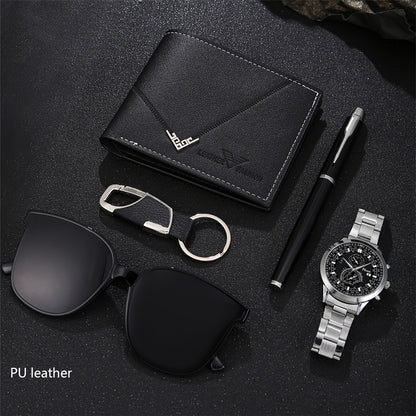 A Set of 5 Stylish And Luxurious Men'S Business Casual Watches, Along with Elegant Glasses, a Wallet, And a Pen Keychain, Makes for The Perfect Gift for Parties And Holidays.