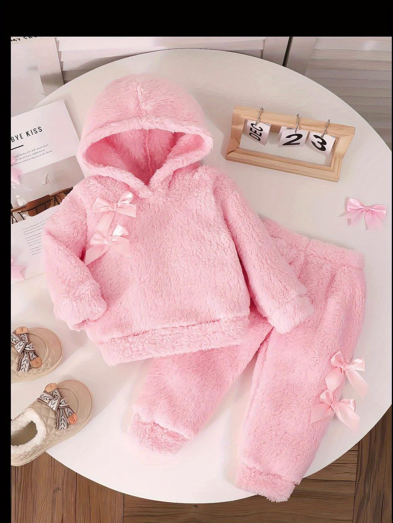 Two-Piece Cute Girls' Autumn/Winter Set: Long Sleeve Hooded Plush Butterfly Top with Pants, Perfect for Daily Outdoor Wear. Cozy Faux Fur Fabric - Essential Indoor & Winter Accessory and Holiday Gift Idea, Perfect for Outdoor