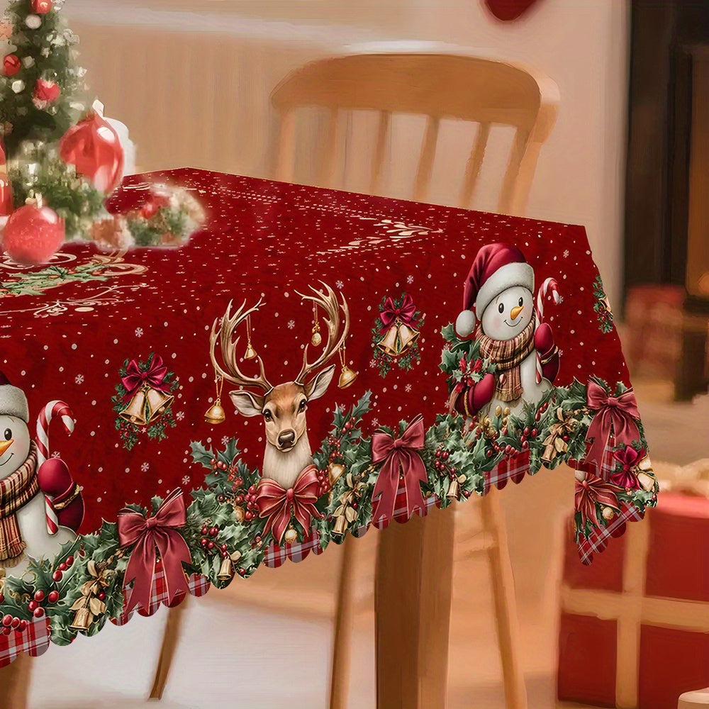 1pc Vintage Burgundy & Golden Red White Green Winter Tablecloth with Golden Bow Accent - Heavy-Duty Rectangular or Round Table Setting for Christmas, New Year's, Family Gatherings - Easy-Clean Fabric, Machine-Made with Deer &