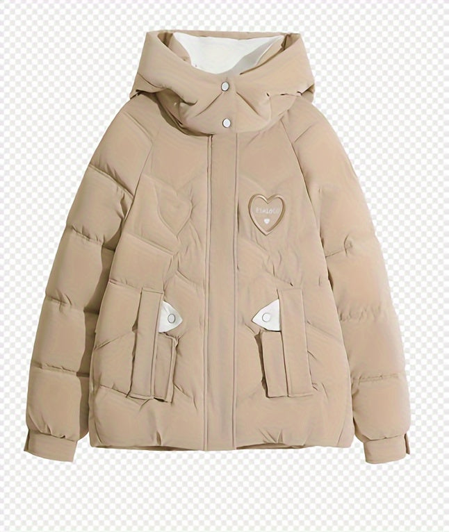 Women's Winter Hooded Jacket - Stylish Beige & White Zip-Up Coat with Heart Design, Warm Polyester Outerwear for Casual or Chic Looks, Winter Jacket
