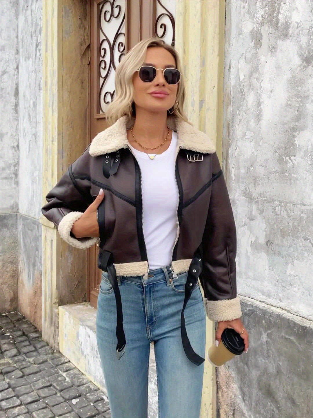 Women's Autumn/Winter Street Retro Belted Zipper Thick Short Faux Lambskin Coat